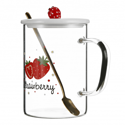 Стъклена чаша с капак и лъжица, 450 ml., ягода