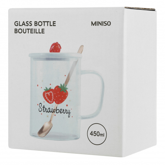 Стъклена чаша с капак и лъжица, 450 ml., ягода