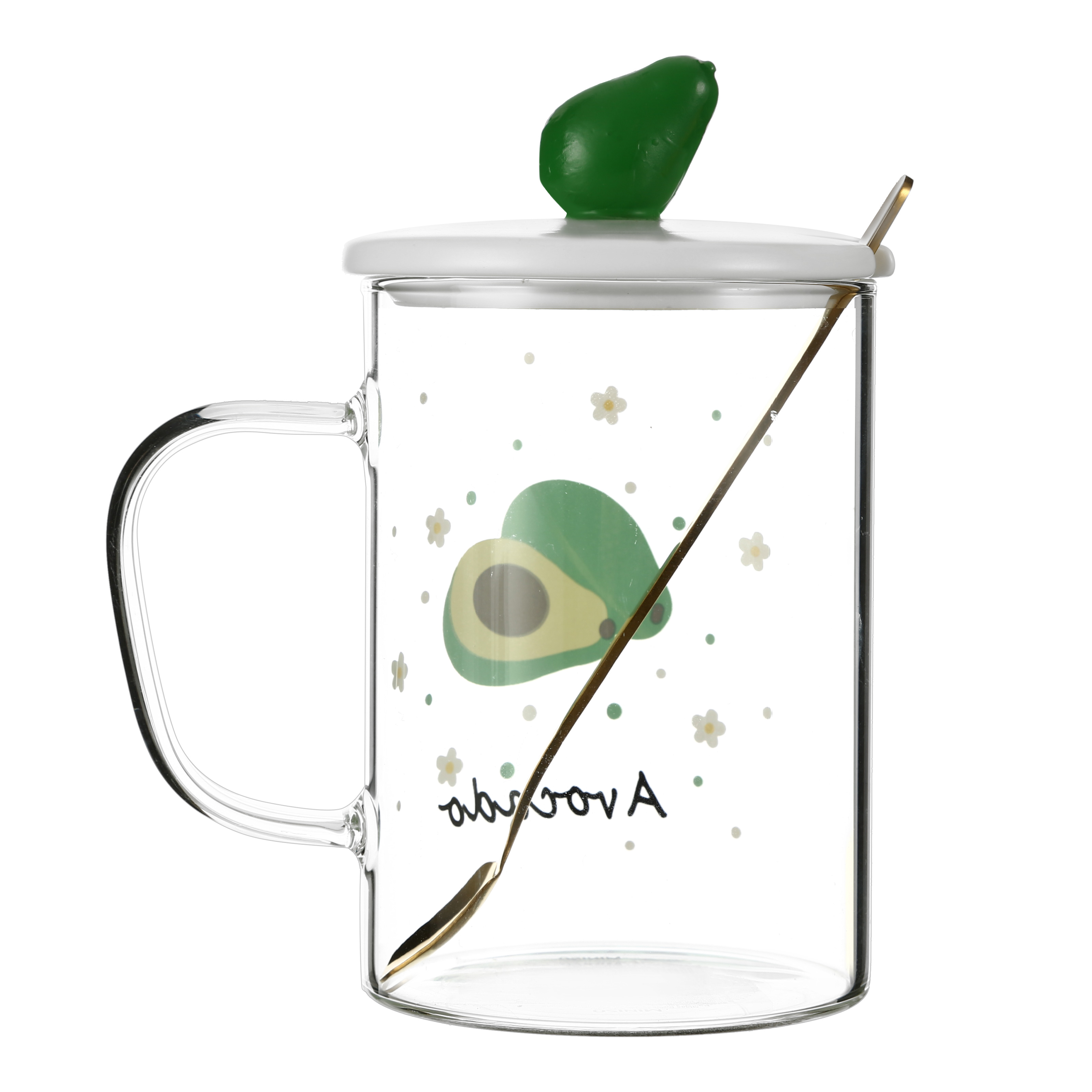 Стъклена чаша с капак и лъжица, 450 ml., авокадо - MINISO България